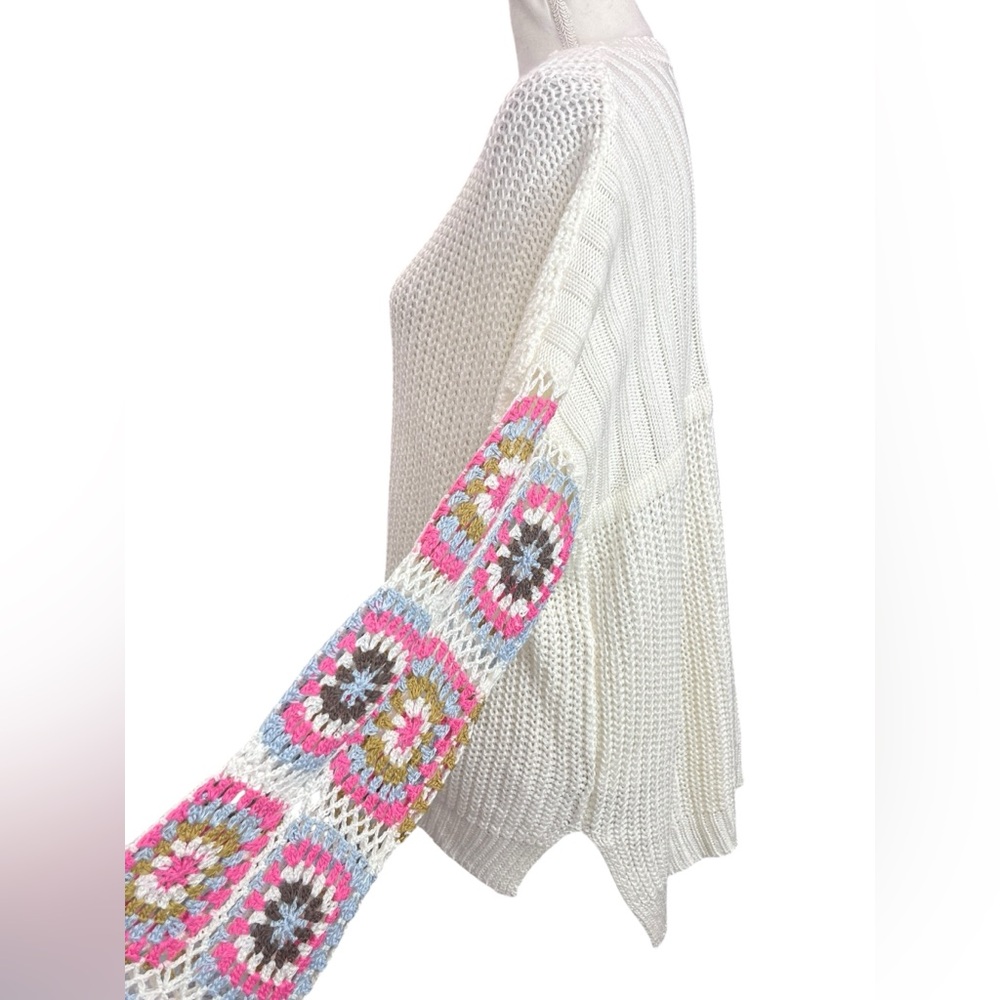 Wanna B Me Crochet Sleeve Knit Sweater Cream Large Bohemian - Picture 11 of 12
